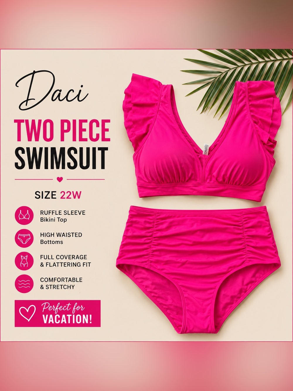 Daci Hot Pink Ruffle Sleeve High Waisted Bikini Swimsuit Plus Size 22W